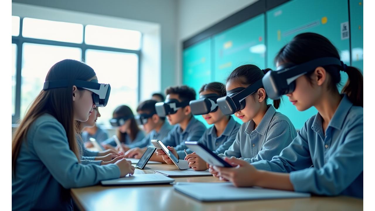밝고 혁신적인 교육 현장, 학생들이 태블릿과 VR 기기를 활용해 학습하는 모습