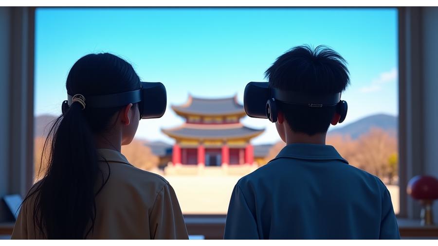 VR 헤드셋을 착용하고 경복궁을 가상으로 탐험하는 한국 학생들