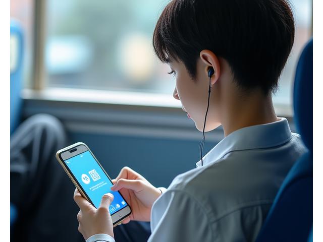 통학 버스 안에서 햇늘교육 앱으로 마이크로러닝을 하는 한국 학생