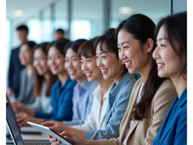 다양한 인종의 전문 튜터들이 노트북 앞에서 활짝 웃고 있는 모습