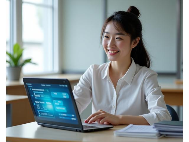 교실에서 노트북으로 STEM 리소스를 활용하는 한국인 교사