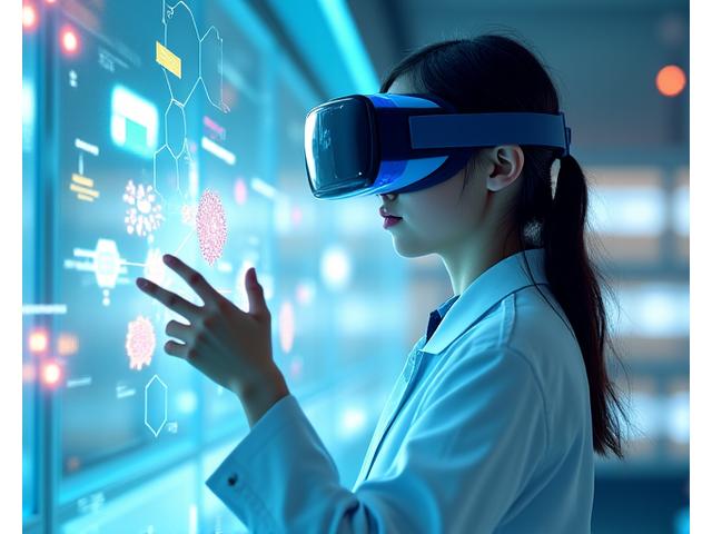 학생이 가상 현실(VR) 환경에서 화학 실험을 하는 모습