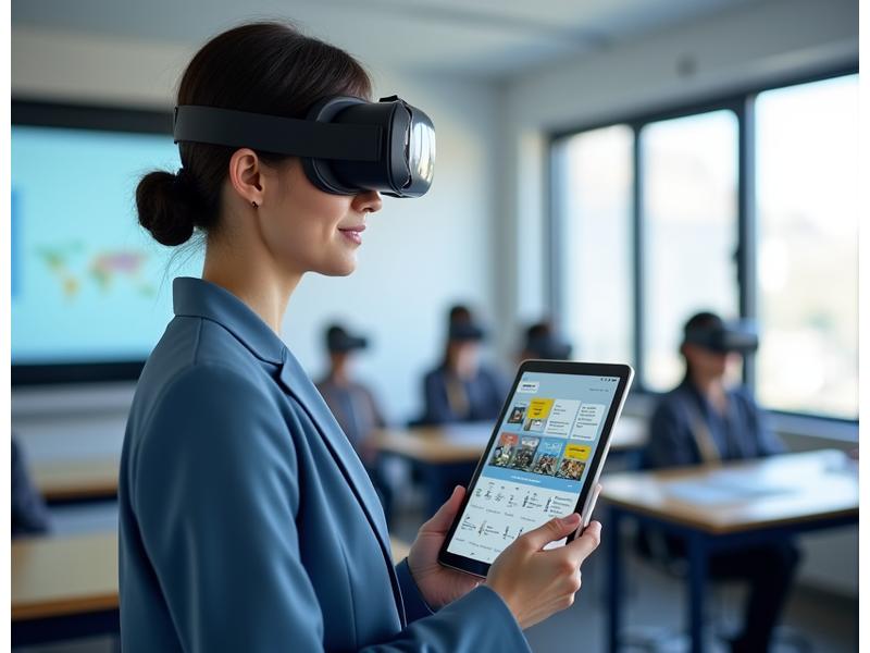 교실에서 교사가 태블릿으로 VR 수업을 관리하는 화면. 여러 학생의 시야가 보이는 대시보드