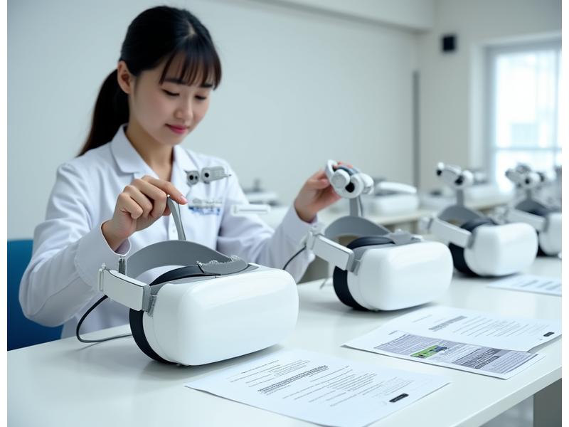VR 헤드셋들이 정렬되어 있고, 교사가 설정 방법을 설명하는 모습