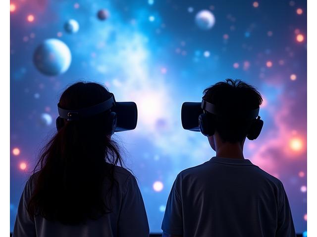 우주 공간에서 행성을 탐험하는 학생들이 VR 헤드셋을 착용하고 있는 모습