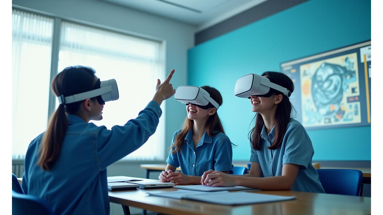 교실에서 학생들이 VR 헤드셋을 착용하고 환하게 웃으며 상호작용하는 모습